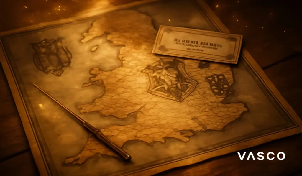 魔法学校の紋章と杖が描かれたイギリスの羊皮紙地図