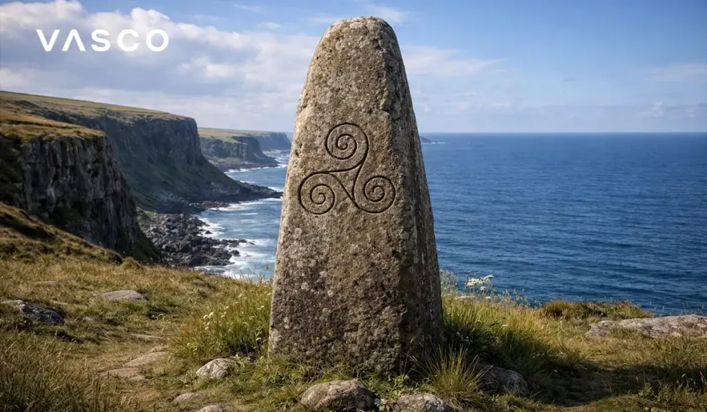 海の崖を見下ろすケルトの彫刻された立石