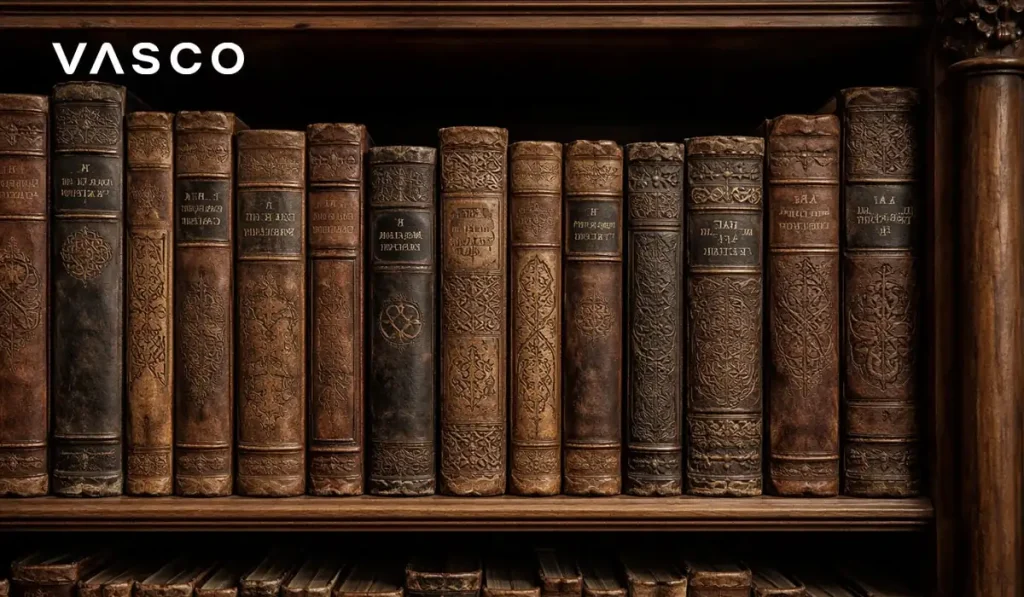 棚に置かれたケルト模様の古い革装丁の本