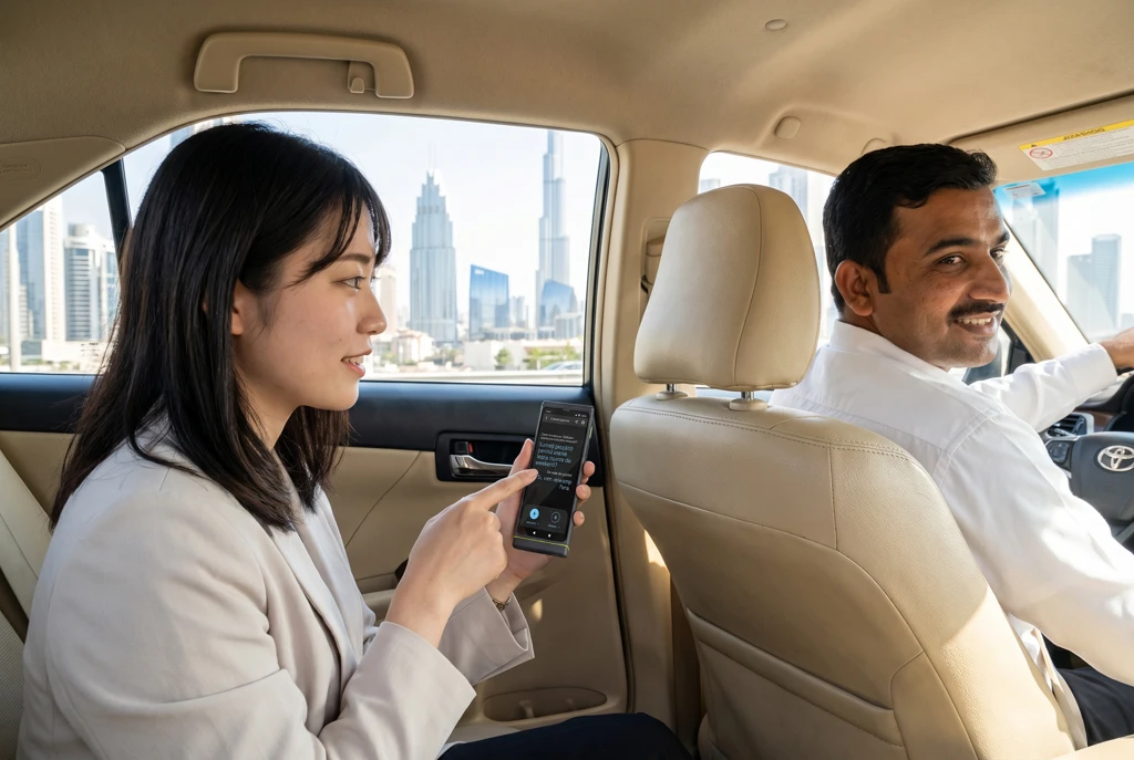Vascoの翻訳機を使って運転手と会話をする様子